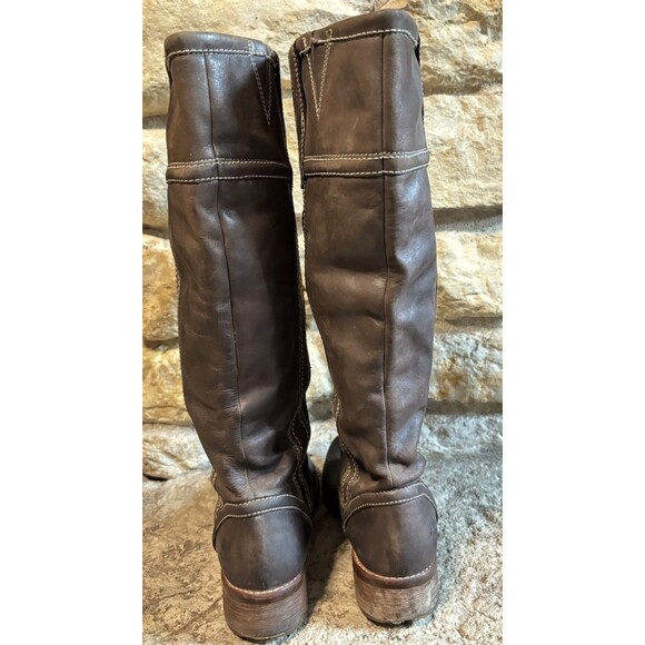 TIMBERLAND Brown Leather Tall Riding Pull-On Lug Sole Wood Grain Heel Boots W9 - Picture 4 of 8